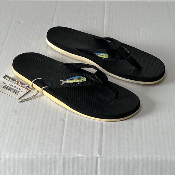 Scott Hawaii Mens 13 Hokulea Flip Flop Black Mahi Fish Rubber Boating Sandals - Picture 2 of 10